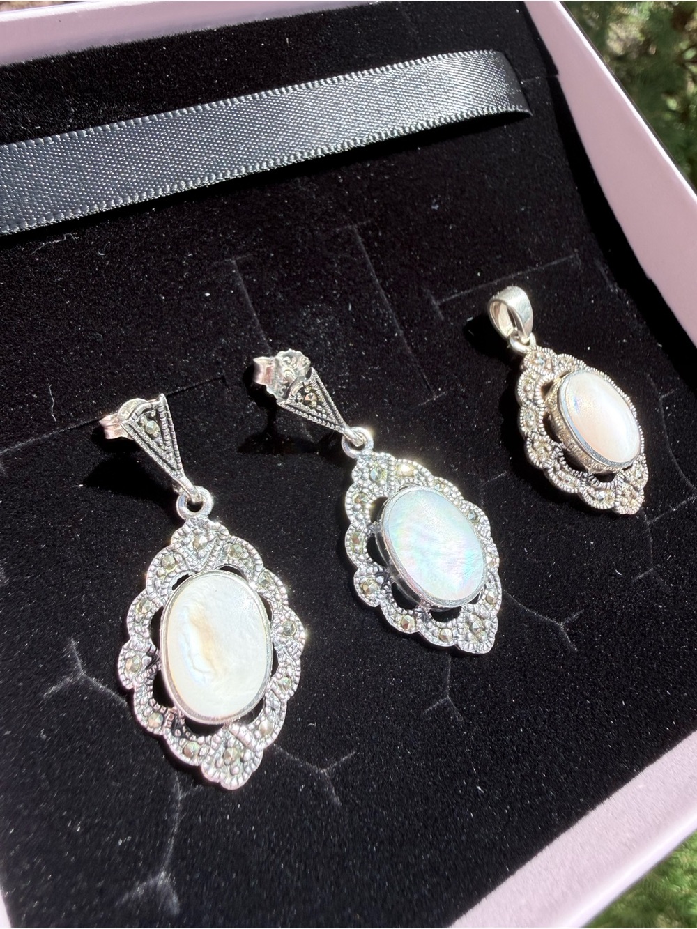 Vintage Sterling Silver with Mother of Pearl Pendant and Earrings Set